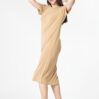 Woman in beige t-shirt dress and bucket hat casual wear apparel